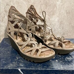 Fly London Beige Strappy Wedges